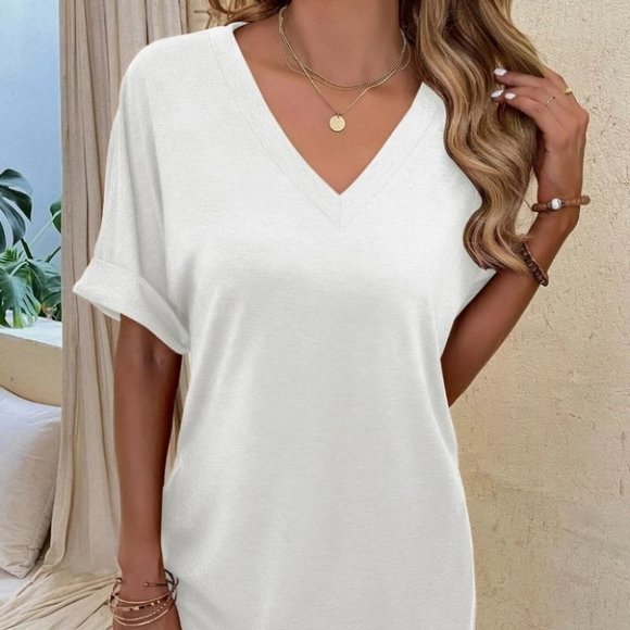 Casual V-neck Side Slit Oversized Top white - Picture 5 of 6